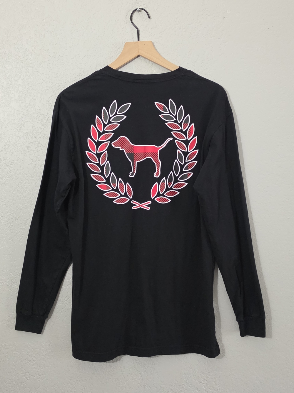 PINK Victoria's Secret Black Long-Sleeve Tee Plaid Dog Laurel Graphic Womens Med